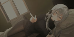 Rule 34 | 1girl, black bow, black sweater, bow, breasts, brown pantyhose, chihuri, closed mouth, commentary request, dutch angle, ear piercing, grey eyes, grey hair, hair bow, highres, long hair, long sleeves, looking at viewer, medium breasts, no pants, on bed, original, pantyhose, piercing, radiator, ribbed sweater, smile, solo, sweater, thighband pantyhose, under covers, window, yuri, zoya petrovna vecheslova