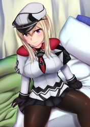 Rule 34 | 10s, 1girl, bed, black gloves, black pantyhose, blonde hair, breasts, cameltoe, capelet, celtic knot, cross, gloves, graf zeppelin (kancolle), hair between eyes, hat, highres, iron cross, kantai collection, large breasts, long hair, military, military hat, military uniform, miniskirt, necktie, okuriyuku, panties, panties under pantyhose, pantyhose, peaked cap, purple eyes, sidelocks, skirt, solo, spread legs, twintails, underwear, uniform