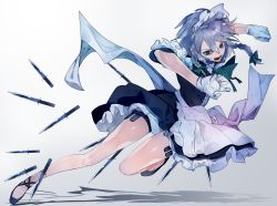 Rule 34 | 1girl, apron, black footwear, blue eyes, bow, braid, clenched hand, commentary request, dagger, dress, frills, full body, gloves, green bow, hair between eyes, hair bow, highres, ikurauni, izayoi sakuya, knife, maid, maid apron, maid headdress, open mouth, silver hair, solo, teeth, tongue, touhou, twin braids, v-shaped eyebrows, weapon, white gloves