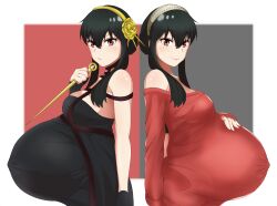 Rule 34 | 1girl, backless dress, backless outfit, big belly, black dress, black hair, breasts, dagger, dress, flower, hair flower, hair ornament, hair over shoulder, hairband, hand on own stomach, highres, i&#039;m milk (milkfrommilking), knife, large breasts, long hair, looking at viewer, multiple persona, pregnant, red eyes, red sweater, sidelocks, simple background, smile, spy x family, sweater, upper body, weapon, yor briar