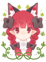 Rule 34 | 1girl, :3, akagashi hagane, animal ears, bow, braid, cat ears, clover, hair bow, kaenbyou rin, pointy ears, red eyes, red hair, solo, touhou, twin braids, upper body, white background