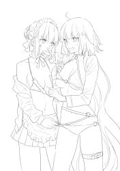 Rule 34 | 2girls, ahoge, anger vein, annoyed, apron, artoria pendragon (alter swimsuit rider) (fate), artoria pendragon (fate), bikini, bikini pull, bikini skirt, bikini top lift, braid, breasts, choker, clothes lift, clothes pull, crown braid, eye contact, fate/grand order, fate (series), frilled choker, frills, gluteal fold, greyscale, hand on another&#039;s face, highres, jeanne d&#039;arc alter (swimsuit berserker) (fate), jeanne d&#039;arc (fate), jeanne d&#039;arc alter (fate), jeanne d&#039;arc alter (swimsuit berserker) (fate), lineart, long hair, looking at another, maid apron, maid headdress, medium breasts, monochrome, multiple girls, navel, neck ribbon, nick, nipi27, o-ring, o-ring bikini, off shoulder, ribbon, shrug (clothing), simple background, standing, stomach, swimsuit, thigh gap, thigh strap, undressing, very long hair, yuri