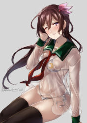 Rule 34 | 1girl, alternate costume, bad id, bad pixiv id, bikini, bikini under clothes, black thighhighs, blush, breasts, brown hair, commentary request, crescent moon symbol, grey background, hair between eyes, hair ornament, juurouta, kantai collection, kisaragi (kancolle), long hair, looking at viewer, neckerchief, no pants, one eye closed, purple eyes, sailor collar, see-through, side-tie bikini bottom, simple background, small breasts, smile, solo, swimsuit, swimsuit under clothes, thighhighs, twitter username