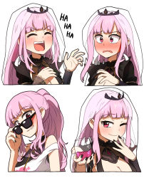 Rule 34 | 1girl, blush, breasts, cleavage, cup, ddolbang, drinking glass, highres, hololive, hololive english, laughing, long hair, looking at viewer, mori calliope, mori calliope (1st costume), open mouth, pink eyes, pink hair, ponytail, smile, spikes, sunglasses, tiara, veil, virtual youtuber, wine glass