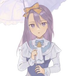 Rule 34 | 1girl, bell, blue bow, bow, bow hairband, collar, commentary request, hair between eyes, hairband, highres, holding, holding umbrella, juliet sleeves, long hair, long sleeves, looking at viewer, orange bow, orange hairband, parasol, parted lips, puffy sleeves, purple eyes, purple hair, rune factory, rune factory 3, shirt, simple background, sofia jalapeno viviage, solo, tanabe rf, umbrella, upper body, white background, white collar, white shirt, white umbrella