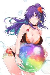 Rule 34 | 1girl, alternate costume, bikini, black bikini, blush, breasts, choker, cleavage, commentary request, fire emblem, fire emblem: three houses, fire emblem heroes, fire emblem warriors: three hopes, hair bun, hair over one eye, large breasts, long hair, looking at viewer, nintendo, outdoors, purple eyes, purple hair, shez (female) (fire emblem), shez (fire emblem), simple background, single hair bun, smile, solo, swimsuit, white background, yuuri (orz commushows)