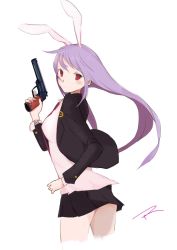 Rule 34 | 1girl, animal ears, artist name, bad anatomy, blazer, blouse, cowboy shot, extra ears, gun, handgun, highres, holding, holding weapon, jacket, long hair, looking at viewer, looking back, miniskirt, necktie, pink skirt, pleated skirt, purple hair, rabbit ears, red eyes, red necktie, reisen udongein inaba, revolver, shirt, signature, simple background, skirt, solo, standing, tetsurou (fe+), touhou, weapon