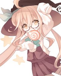 Rule 34 | 10s, 1girl, ahoge, arm up, blouse, candy, dress, fangs, food, glasses, halloween, hat, kantai collection, lollipop, long hair, long sleeves, looking at viewer, makigumo (kancolle), orqz, pantyhose, pink hair, ribbon, shirt, simple background, skirt, sleeves past wrists, solo, star (symbol), swirl lollipop, twintails, white background, witch hat, yellow eyes