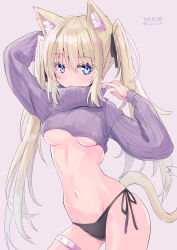 Rule 34 | 1girl, absurdres, animal ear fluff, animal ears, arm behind head, arm up, black panties, blonde hair, blush, breasts, cat ears, cat girl, cat tail, closed mouth, commentary request, cropped sweater, gluteal fold, grey background, groin, highres, hizaka, long hair, long sleeves, looking at viewer, medium breasts, navel, no pants, original, panties, puffy long sleeves, puffy sleeves, purple sweater, ribbed sweater, side-tie panties, signature, simple background, solo, sweater, tail, turtleneck, turtleneck sweater, twintails, twitter username, underboob, underwear, very long hair