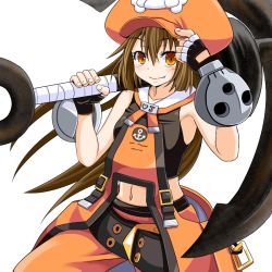 Rule 34 | 1girl, anchor, belt, brown eyes, brown hair, fang, fingerless gloves, gloves, guilty gear, hat, heart, long hair, may (guilty gear), midriff, orange hat, orange shirt, pirate, pirate hat, poncocchan, shirt, shorts, skull and crossbones, smile, solo