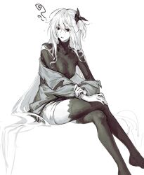 Rule 34 | 1girl, alternate costume, arknights, black eyes, black thighhighs, breasts, crossed legs, greyscale, hair between eyes, hair ornament, invisible chair, jacket, long hair, long sleeves, medium breasts, monochrome, no pupils, off shoulder, one side up, pale skin, parted lips, red eyes, shorts, simple background, sitting, solo, specter (arknights), squiggle, sweater, theta (swfh8575), thighhighs, thighs, turtleneck, very long hair, white background, white hair