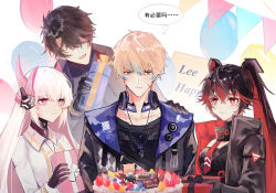 Rule 34 | 2boys, 2girls, balloon, birthday cake, black coat, black dress, black gloves, black hair, black shirt, black undershirt, blonde hair, blue eyes, blueberry, box, cake, character food, character name, chinese commentary, chinese text, coat, collarbone, collared coat, colored inner hair, commandant (punishing: gray raven), commentary, dog tags, dress, embarrassed, english text, faceless, faceless male, facial scar, fake horns, food, fruit, gift, gift box, gloves, hair between eyes, happy birthday, headgear, headphones, headphones around neck, highres, holding, holding gift, hood, hooded coat, horns, jewelry, jiang bian zhishu, lee: entropy (punishing: gray raven), lee (punishing: gray raven), light blush, liv: eclipse (punishing: gray raven), liv (punishing: gray raven), long hair, looking at another, looking at food, lucia: plume (punishing: gray raven), lucia (punishing: gray raven), multicolored hair, multiple boys, multiple girls, necklace, necktie, open clothes, open coat, pink eyes, punishing: gray raven, red eyes, red hair, red necktie, scar, scar on cheek, scar on face, shirt, short hair, simplified chinese text, smile, straight hair, strawberry, streaked hair, string of flags, thought bubble, translated, twintails, two-sided fabric, white coat, white hair