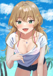 Rule 34 | 1girl, :d, absurdres, ahoge, bikini, bikini under clothes, blue sky, blush, breasts, brown hair, cleavage, clothes pull, cloud, cloudy sky, collarbone, downblouse, eyebrows hidden by hair, fangs, green eyes, highres, jewelry, leaning forward, long hair, looking at viewer, medium breasts, necklace, open mouth, original, palm tree, pendant, pulled by self, red bikini, see-through, shirt, shirt pull, short shorts, shorts, sky, smile, solo, spraying, swimsuit, tree, twintails, water drop, wet, white shirt, yupi mild