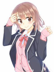 Rule 34 | 10s, 1girl, blazer, brown eyes, brown hair, isshiki iroha, jacket, open clothes, open jacket, racer (magnet), school uniform, shirt, simple background, sleeves past wrists, smile, solo, vest, white background, yahari ore no seishun lovecome wa machigatteiru.