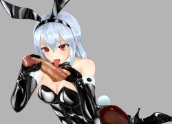 Rule 34 | 1girl, boots, bow, bowtie, caressing testicles, censored, detached collar, elbow gloves, fellatio, gloves, highres, latex, latex gloves, leotard, onakinkamesan, oral, pantyhose, penis, playboy bunny, rabbit tail, red eyes, silver hair, tail, testicles, tongue