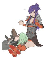 Rule 34 | 2girls, absurdres, armor, asymmetrical clothes, breasts, byleth (female) (fire emblem), byleth (fire emblem), cape, choker, cleavage, closed mouth, fire emblem, fire emblem: three houses, fire emblem warriors: three hopes, hair bun, hair over one eye, highres, large breasts, long hair, looking at viewer, medium hair, multiple girls, nintendo, purple eyes, purple hair, shez (female) (fire emblem), shez (fire emblem), simple background, single hair bun, thighs, toho10min