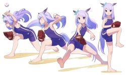 Rule 34 | 1girl, animal ears, ball, bare arms, bare legs, bare shoulders, barefoot, baseball, baseball glove, blue one-piece swimsuit, commentary, full body, highres, holding, holding ball, horse ears, horse girl, horse tail, long hair, mejiro mcqueen (umamusume), multiple views, nishiki kazue, one-piece swimsuit, pitching, purple eyes, purple hair, simple background, standing, standing on one leg, swimsuit, tail, umamusume, white background