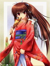 Rule 34 | brown hair, cat, furisode, hand fan, japanese clothes, kimono, little busters!, long hair, na-ga, natsume rin, red eyes, solo