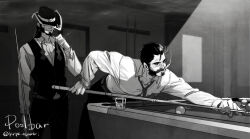 Rule 34 | 2boys, ball, bara, beard, billiard ball, billiards, cigar, cowboy hat, cue stick, facial hair, feet out of frame, graves (league of legends), greyscale, hair slicked back, hat, holding cue stick, karipaku, large pectorals, league of legends, leaning forward, long hair, male focus, mature male, monochrome, multiple boys, muscular, muscular male, mustache, necktie, pectoral cleavage, pectorals, pool table, short hair, smile, smoking, table, thick eyebrows, twisted fate, vest