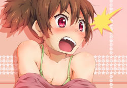 Rule 34 | 1girl, ^^^, bare shoulders, blush, bra, breasts, brown hair, cleavage, collarbone, face, fang, k-on!, lingerie, onsen (riai), open mouth, red eyes, riai (onsen), small breasts, solo, surprised, suzuki jun, tears, underwear, undressing