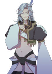 Rule 34 | 1boy, black jacket, black thighhighs, blue eyes, chest strap, commentary request, cropped jacket, feather hair ornament, feathers, final fantasy, final fantasy ix, grey hair, hair ornament, half-closed eyes, hand on own chest, hand up, highres, jacket, jockstrap, kuja, long hair, long sleeves, male focus, male underwear, open clothes, open jacket, puffy sleeves, retrometro, simple background, smile, smirk, solo, standing, thighhighs, underwear, upper body, waist cape, white background, white hair, wide sleeves