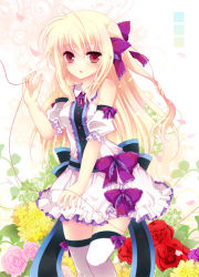 Rule 34 | 1girl, bare shoulders, blonde hair, blush, bow, dress, flower, hair ribbon, ichiyou moka, long hair, looking at viewer, nail polish, original, petals, red flower, red rose, ribbon, rose, side ponytail, solo, string, string of fate, thighhighs, white thighhighs