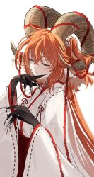 Rule 34 | 1girl, animal ears, closed eyes, commentary request, cosplay, dark young (fate), dark young (fate) (cosplay), demon girl, fate/grand order, fate (series), fingernails, fujimaru ritsuka (female), galibo, goat ears, goat horns, highres, horns, japanese clothes, long fingernails, long hair, miko, monsterification, orange hair, sharp fingernails, solo, very long hair, white background, wide sleeves