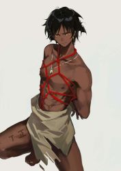 Rule 34 | 1boy, arknights, arms behind back, black hair, body writing, bound, collarbone, dark-skinned male, dark skin, earrings, foot out of frame, jewelry, looking at viewer, male focus, necklace, orange eyes, pic (pcsama), simple background, solo, squatting, tattoo, thorns (arknights), white background