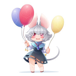 Rule 34 | 1girl, animal ears, balloon, bbb (33kudo), blue capelet, blush, capelet, commentary request, crystal, eyes visible through hair, flat chest, full body, grey hair, grey skirt, grey vest, hair between eyes, highres, holding, holding balloon, jewelry, long sleeves, looking at viewer, medium bangs, mouse ears, mouse girl, mouse tail, nazrin, no panties, open mouth, pendant, red eyes, shirt, short hair, simple background, skirt, smile, solo, standing, tail, touhou, vest, white background, white shirt