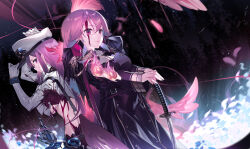 2girls alternate_costume artist_collaboration bleeding blood blood_on_clothes blood_on_face blood_splatter earrings feather_earrings feathers gradient_hair highres holding holding_weapon hololive hololive_english injury jewelry long_hair mori_calliope multicolored_hair multiple_girls orange_hair pink_hair purple_eyes red_eyes straight_hair sword takanashi_kiara torn_clothes virtual_youtuber weapon yaguo