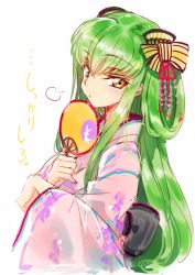 Rule 34 | 1girl, blush, c.c., code geass, creayus, hand fan, green hair, hair ornament, japanese clothes, kimono, long hair, looking at viewer, paper fan, simple background, solo, uchiwa, white background, yellow eyes