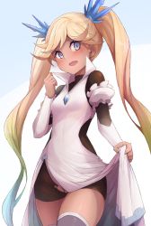 Rule 34 | 10s, 1girl, blonde hair, blue eyes, blush, bodysuit, bow, breasts, clothes lift, dark-skinned female, dark skin, detached sleeves, dress, dress lift, embarrassed, gradient hair, granblue fantasy, hair bow, hair ribbon, io (granblue fantasy), lifting own clothes, long sleeves, looking at viewer, multicolored hair, no panties, open mouth, partially visible vulva, purple thighhighs, red hair, ribbon, simple background, small breasts, solo, swept bangs, thighhighs, waero, wavy hair, white dress