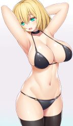Rule 34 | 1girl, aqua eyes, armpits, arms behind head, arms up, asamura hiori, bikini, black bikini, blonde hair, blush, breasts, choker, cleavage, collarbone, commentary request, curvy, fang, highres, huge breasts, large breasts, looking away, navel, open mouth, original, parted lips, short hair, solo, standing, swimsuit, thighhighs, white background