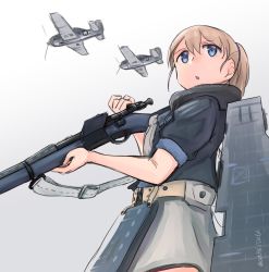 Rule 34 | 1girl, aircraft, aircraft request, airplane, apron, black shirt, blue eyes, bolt action, brown hair, commentary request, cowboy shot, flight deck, gun, intrepid (kancolle), kabayaki namazu, kantai collection, m1903 springfield, neck pillow, one-hour drawing challenge, open mouth, ponytail, rifle, shirt, short hair, simple background, solo, weapon, white background