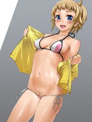 Rule 34 | 10s, 1girl, :d, bare shoulders, bikini, blonde hair, blue eyes, blush, breasts, cameltoe, cleft of venus, clitoris slip, covered erect nipples, cowboy shot, female pubic hair, gundam, gundam build fighters, gundam build fighters try, hoshino fumina, jacket, jpeg artifacts, looking at viewer, lowleg, micro panties, navel, open clothes, open jacket, open mouth, panties, ponytail, pubic hair, pussy, pussy peek, sasayuki, shiny skin, side-tie bikini bottom, skindentation, smile, solo, swimsuit, underwear