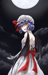 Rule 34 | 1girl, absurdres, adapted costume, alternate costume, atkdog, back, back cutout, bare shoulders, bat wings, clothing cutout, cloud, dress, elbow gloves, fangs, female focus, from behind, gloves, hat, hat ribbon, highres, looking at viewer, looking back, mob cap, moon, night, night sky, open mouth, outdoors, red eyes, remilia scarlet, ribbon, sash, short hair, sky, solo, strapless, strapless dress, touhou, white dress, white gloves, wings