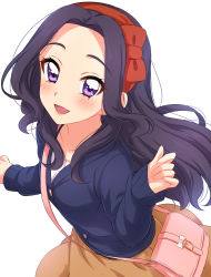 Rule 34 | 1girl, :d, absurdres, aikatsu!, aikatsu! (series), bag, blush, bow, cardigan, commentary, hair bow, hairband, highres, long hair, long sleeves, looking at viewer, open mouth, orange skirt, purple eyes, purple hair, red bow, red hairband, sekina, shirakaba risa, shoulder bag, simple background, skirt, smile, solo, upper body, white background