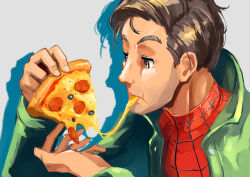 Rule 34 | 1boy, animification, brown eyes, brown hair, cheese, cheese trail, eating, food, green jacket, hasegawa (morebeer), highres, holding, holding food, holding pizza, jacket, male focus, marvel, pepperoni, peter parker, pizza, pizza slice, shadow, short hair, solo, spider-man: into the spider-verse, spider-man (series), spider-verse, upper body