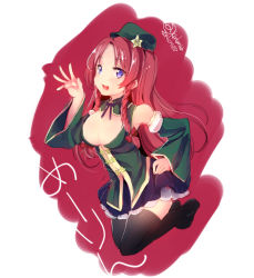 Rule 34 | 1girl, alternate costume, bad id, bad pixiv id, black thighhighs, blue eyes, blush, braid, breasts, cleavage, cleavage cutout, clothing cutout, detached sleeves, hat, hong meiling, kedama milk, large breasts, long hair, looking at viewer, open mouth, red hair, smile, solo, thighhighs, touhou, twin braids