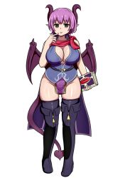 Rule 34 | 1girl, black eyes, black thighhighs, blush, book, boots, breasts, cleavage, commentary, demon girl, demon horns, demon tail, demon wings, finger to mouth, fire emblem, fire emblem: new mystery of the emblem, full body, highres, horns, katarina (fire emblem), large breasts, looking at viewer, nav (itsnav), nintendo, parted lips, pelvic curtain, pointy ears, purple hair, short hair, simple background, solo, tail, thigh boots, thighhighs, white background, wings