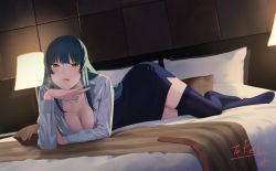 Rule 34 | 1girl, amino (tn7135), bed, black hair, breasts, head rest, cleavage, highres, indoors, lamp, licking lips, long hair, looking at viewer, lying, night, office lady, open clothes, open shirt, original, red eyes, side slit, solo, thighhighs, tongue, tongue out, zettai ryouiki