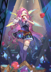 Rule 34 | 1girl, absurdres, artist name, belt, breasts, brown belt, dated, flower, gloves, highres, holding, holding microphone, league of legends, long hair, looking at viewer, medium breasts, microphone, multicolored background, neri (neri23152939), pink hair, pink thighhighs, puffy short sleeves, puffy sleeves, red flower, rose, seraphine (league of legends), short sleeves, solo, sparkle, thighhighs, white gloves, zettai ryouiki