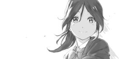 Rule 34 | 1girl, blush, bow, bowtie, commentary request, dress shirt, floating hair, greyscale, hibike! euphonium, kasaki nozomi, light blush, light smile, liz to aoi tori, looking at viewer, monochrome, ponytail, shibasaki shouji, shirt, simple background, solo, white background