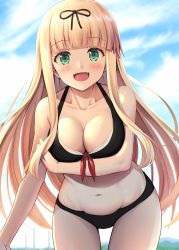 Rule 34 | 1girl, bare arms, bare legs, bare shoulders, bikini, black bikini, black ribbon, blonde hair, blush, breasts, cleavage, collarbone, commentary request, cowboy shot, day, fang, green eyes, groin, hair ribbon, highres, ichikawa feesu, kantai collection, large breasts, long hair, navel, open mouth, ribbon, smile, solo, speech bubble, swimsuit, yuudachi (kancolle)