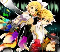 Rule 34 | 1boy, 1girl, arm warmers, blonde hair, blue eyes, brother and sister, detached sleeves, hair ornament, hair ribbon, hairclip, headphones, highres, kagamine len, kagamine len (append), kagamine rin, kagamine rin (append), navel, ribbon, short hair, shorts, siblings, smile, twins, vocaloid, vocaloid append, yuu (ckd27)