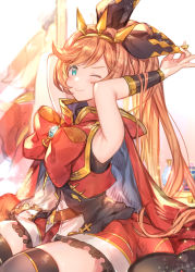 Rule 34 | 1girl, :&gt;, armpits, arms up, belt, black thighhighs, black vest, blush, bow, capelet, clarisse (granblue fantasy), closed mouth, cropped jacket, granblue fantasy, green eyes, hairband, highres, jacket, large bow, long hair, looking at viewer, one eye closed, orange hair, red bow, red jacket, red skirt, shiromimin, shirt, sitting, skirt, sleeveless, sleeveless jacket, smile, solo, thighhighs, thighs, upper body, vambraces, vest, white shirt