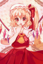 Rule 34 | 1girl, :o, arm at side, artist name, ascot, blonde hair, blush, bow, cake, cake slice, collared shirt, commentary, cowboy shot, crystal, fang, fingernails, flandre scarlet, food, frilled shirt collar, frills, hair bow, hand on own chin, hand up, hat, highres, looking at viewer, medium hair, mob cap, nail polish, nonkiruu, one side up, open mouth, plate, puffy short sleeves, puffy sleeves, red bow, red eyes, red nails, red skirt, red vest, shirt, short sleeves, skirt, skirt set, solo, touhou, vest, watermark, white hat, white shirt, wings, yellow ascot
