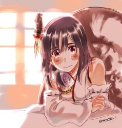 Rule 34 | aiguillette, bare shoulders, black hair, chair, closed mouth, detached sleeves, elbow rest, floral print, hair between eyes, hair ornament, hair ribbon, indoors, japanese clothes, kantai collection, kimono, looking at viewer, medium hair, nontraditional miko, red eyes, ribbon, sagamiso, sitting, smile, solo, twitter username, upper body, white kimono, white ribbon, window, yamashiro (kancolle), yamashiro kai ni (kancolle)