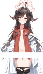 Rule 34 | 1girl, :3, absurdres, ahoge, black hair, black panties, black shorts, blue archive, brown eyes, censored, closed mouth, clothes pull, collared shirt, di le to, hair intakes, halo, highres, horns, jacket, kasumi (blue archive), long hair, looking at viewer, navel, no bra, off shoulder, open clothes, open jacket, open shirt, panties, panty pull, red shirt, shirt, shorts, shorts pull, simple background, smile, solo, standing, tail, tail censor, thigh gap, thighs, underwear, very long hair, white background, white jacket