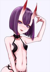 Rule 34 | 1girl, bare shoulders, bob cut, breasts, collarbone, eyeliner, fate/grand order, fate (series), highres, horns, looking at viewer, makeup, navel, oni, open mouth, purple eyes, purple hair, revealing clothes, sasabe opika, short hair, shuten douji (fate), skin-covered horns, small breasts, smile